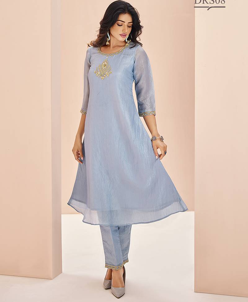 Elegant teal blue kurti trousers set with handwork