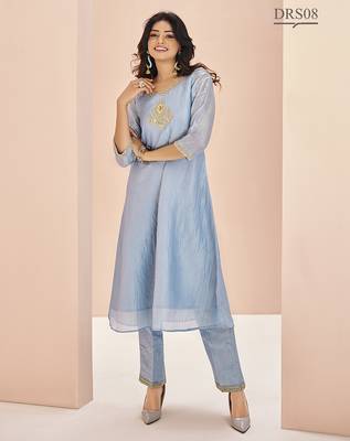 Elegant teal blue kurti trousers set with handwork 2