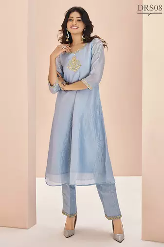 Elegant teal blue kurti trousers set with handwork