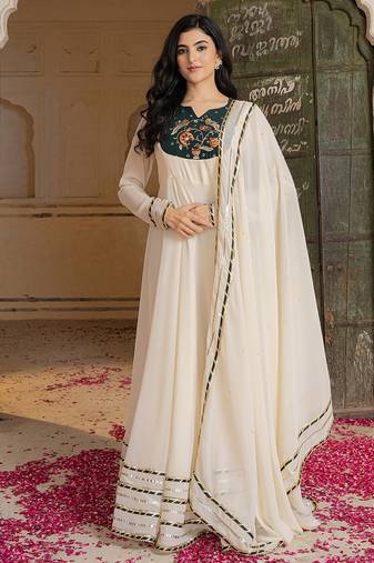 Elegant off white anarkali suit with matching embroidered dupatta