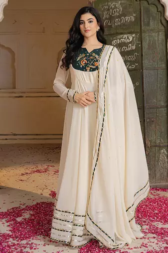 Elegant off white anarkali suit with matching embroidered dupatta