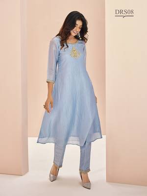 Elegant teal blue kurti trousers set with handwork 3