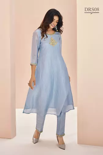 Elegant teal blue kurti trousers set with handwork