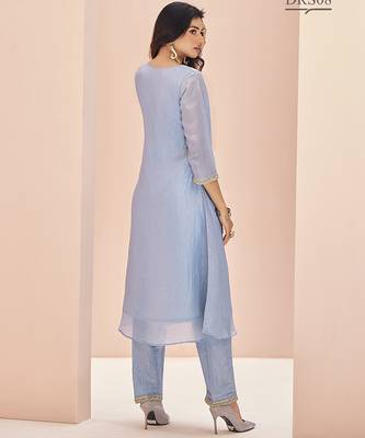 Elegant teal blue kurti trousers set with handwork 4