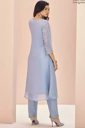 Elegant teal blue kurti trousers set with handwork