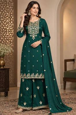 Sea green chinon silk full stitched suits free size upto size 44 1