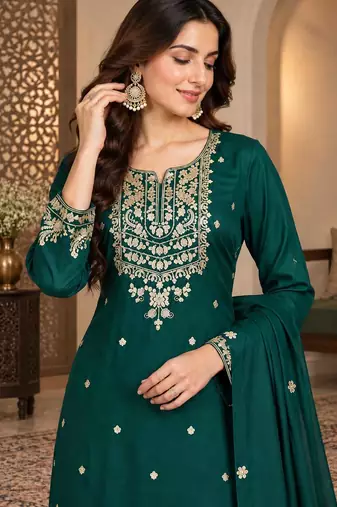 Sea green chinon silk full stitched suits free size upto size 44