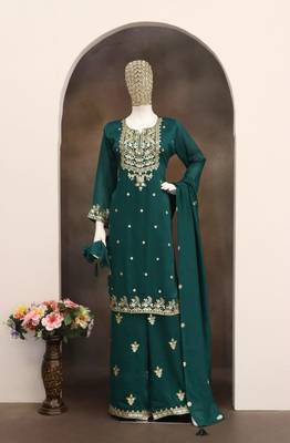 Sea green chinon silk full stitched suits free size upto size 44 3