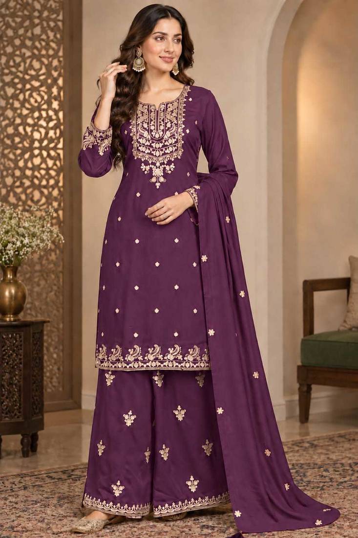 Purple chinon silk full stitched suits free size upto size 44
