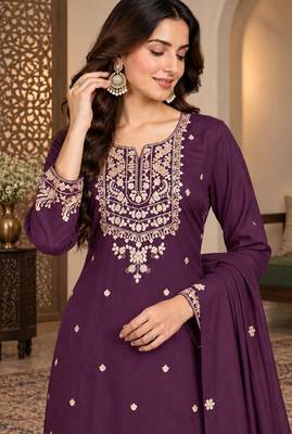 Purple chinon silk full stitched suits free size upto size 44 2