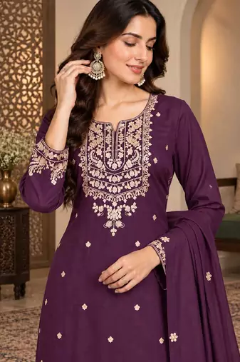 Purple chinon silk full stitched suits free size upto size 44