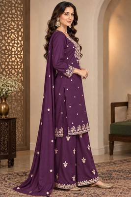 Purple chinon silk full stitched suits free size upto size 44 3