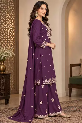 Purple chinon silk full stitched suits free size upto size 44