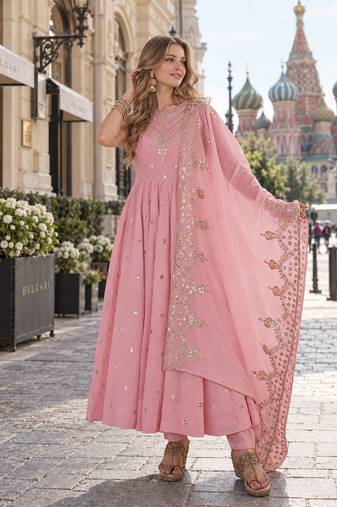 pink silk blend readymade anarkali suit with embroidery & Sequin work