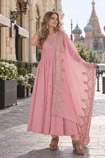 pink silk blend readymade anarkali suit with embroidery & sequence work