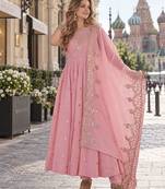 pink silk blend readymade anarkali suit with embroidery & sequence work