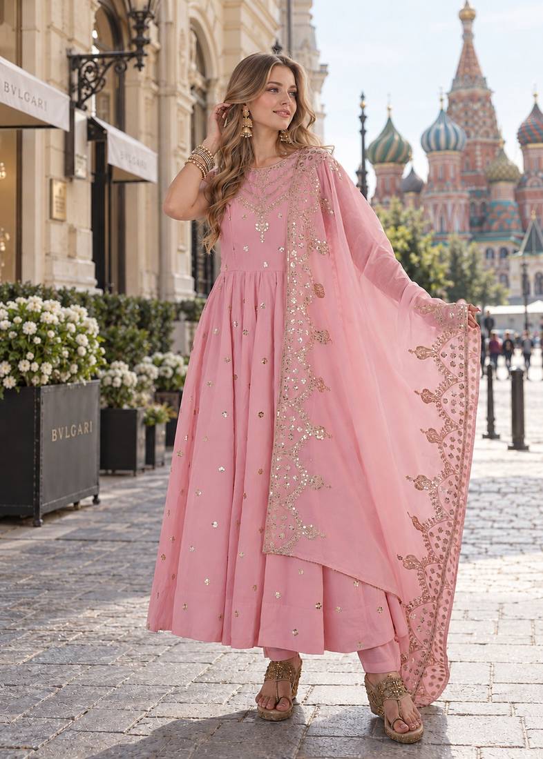 pink silk blend readymade anarkali suit with embroidery & sequence work