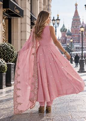 pink silk blend readymade anarkali suit with embroidery & sequence work 2
