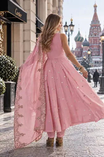pink silk blend readymade anarkali suit with embroidery & sequence work