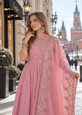 pink silk blend readymade anarkali suit with embroidery & sequence work 3