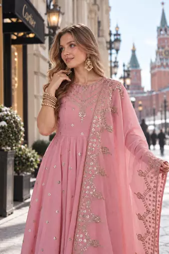 pink silk blend readymade anarkali suit with embroidery & sequence work