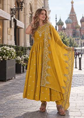 mustard silk blend readymade anarkali suit with embroidery & sequence work 1