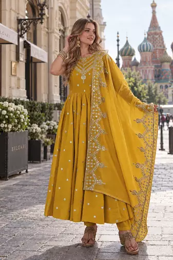 mustard silk blend readymade anarkali suit with embroidery & sequence work