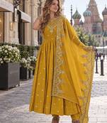 mustard silk blend readymade anarkali suit with embroidery & sequence work