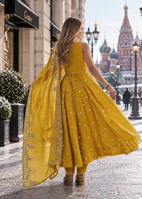 mustard silk blend readymade anarkali suit with embroidery & sequence work 2