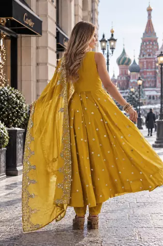 mustard silk blend readymade anarkali suit with embroidery & sequence work