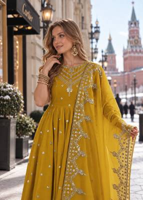 mustard silk blend readymade anarkali suit with embroidery & sequence work 3