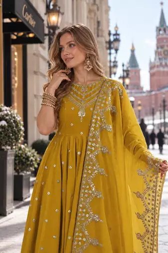 mustard silk blend readymade anarkali suit with embroidery & sequence work