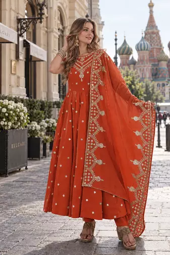 rust silk blend readymade anarkali suit with embroidery & sequence work