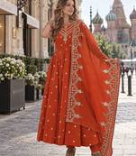 rust silk blend readymade anarkali suit with embroidery & sequence work
