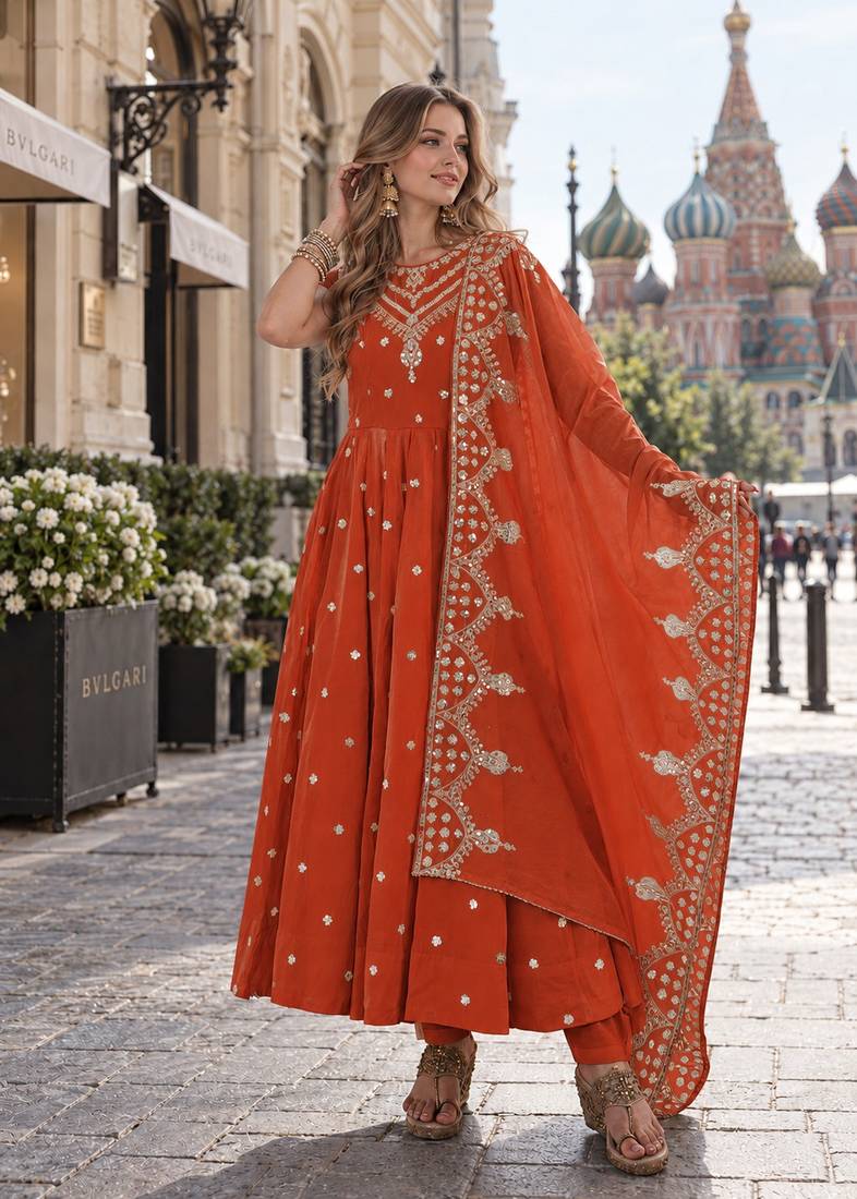 rust silk blend readymade anarkali suit with embroidery & sequence work