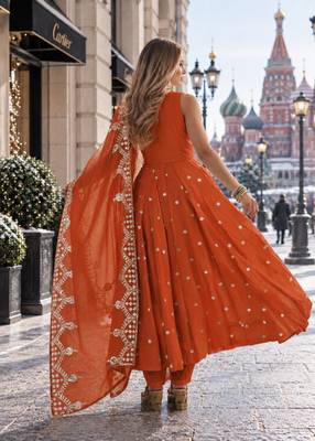 rust silk blend readymade anarkali suit with embroidery & sequence work 2