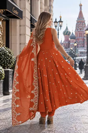 rust silk blend readymade anarkali suit with embroidery & sequence work