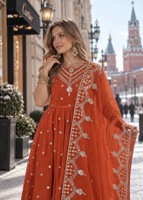 rust silk blend readymade anarkali suit with embroidery & sequence work 3