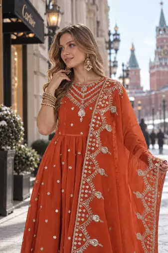 rust silk blend readymade anarkali suit with embroidery & sequence work