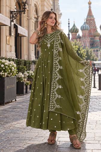 mehendi silk blend readymade anarkali suit with embroidery & sequence work