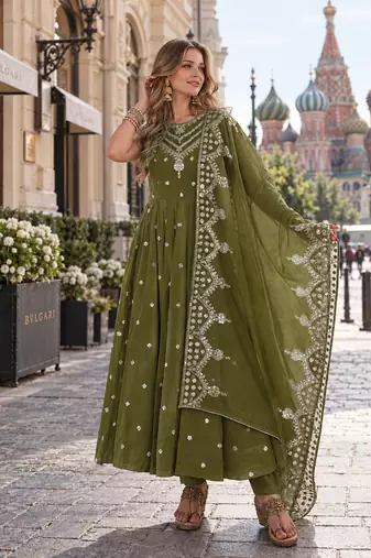 mehendi silk blend readymade anarkali suit with embroidery & sequence work