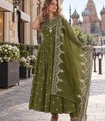 mehendi silk blend readymade anarkali suit with embroidery & sequence work