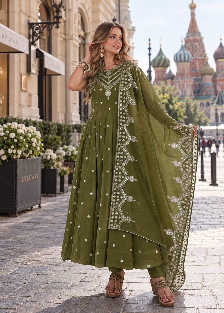 mehendi silk blend readymade anarkali suit with embroidery & sequence work