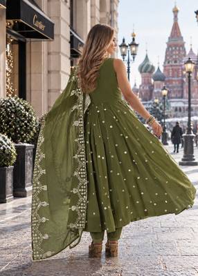 mehendi silk blend readymade anarkali suit with embroidery & sequence work 2
