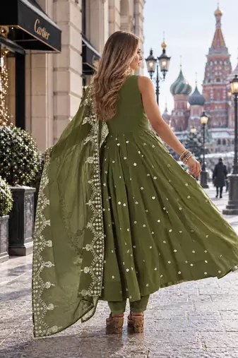 mehendi silk blend readymade anarkali suit with embroidery & sequence work