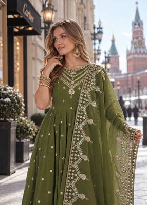mehendi silk blend readymade anarkali suit with embroidery & sequence work 3