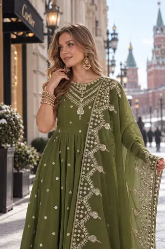 mehendi silk blend readymade anarkali suit with embroidery & sequence work