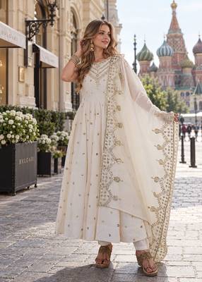 white silk blend readymade anarkali suit with embroidery & sequence work 1