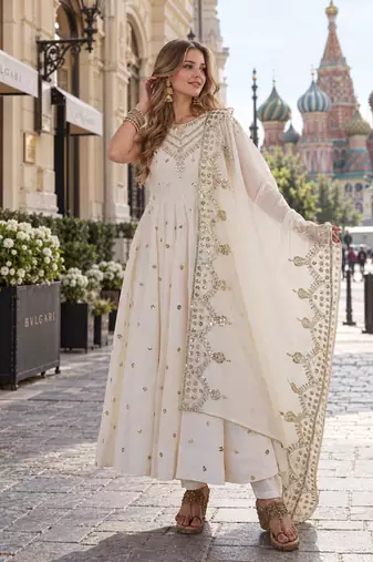 white silk blend readymade anarkali suit with embroidery & sequence work