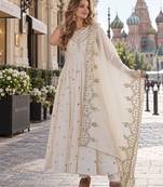 white silk blend readymade anarkali suit with embroidery & sequence work